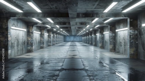 An empty  elegant modern underground tunnel room with grunge textures and bright white lights creates a captivating background. This 3D rendering illustration offers a unique perspective