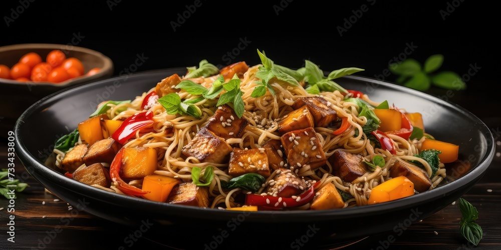 Savor the Flavors: Asian Vegan Stir Fry Featuring Tofu, Rice Noodles, and Fresh Vegetables Against a Dramatic Dark Background. 