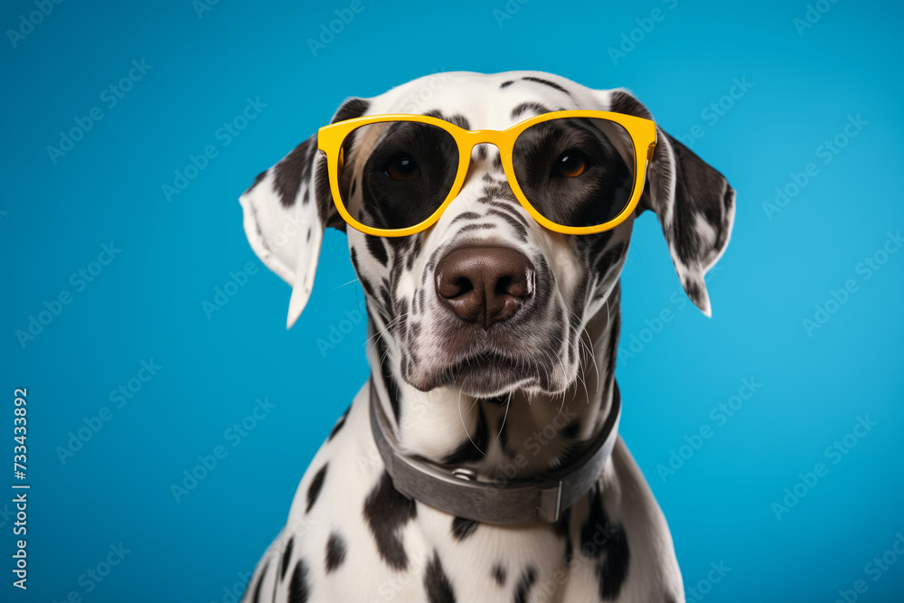 Dalmatian dog wearing yellow sunglasses on a blue background.