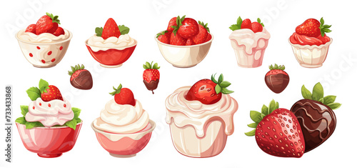 Desserts with strawberries. Strawberry in cream and yogurt, in chocolate. Sweet food, berries in bowl. Seasonal fresh food, vitamin dessert vector collection
