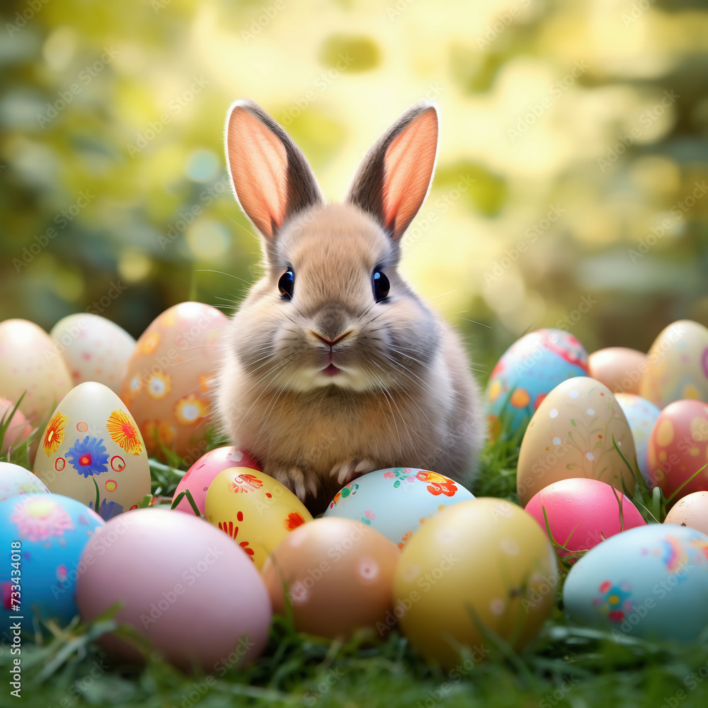 Easter bunny with colorful eggs in green grass. Easter background. Easter bunny with colorful eggs in green grass. Easter background.