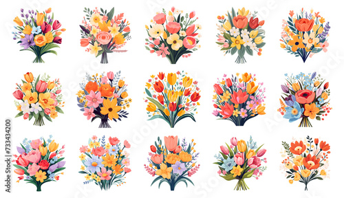Flowers bouquets isolated. Flat cartoon colorful floral bouquet set vector illustration, beautiful gardening flowers plants decor on white