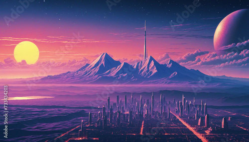 Retro background futuristic landscape 1980s style. Digital retro cyber surface. 80s party background . Retro 80s fashion Sci-Fi Background Summer Landscape. Retro cyberpunk style 80s Sci-Fi. 3D illust