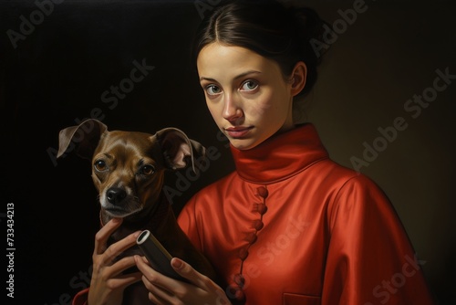 Connected Canine: A Woman and her Phone, Captured in Petcore Splendor generative ai © RamvijayB