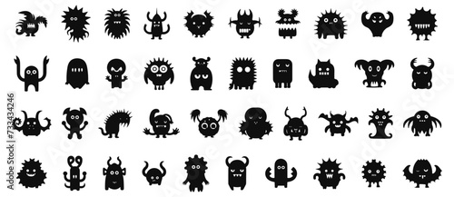 Funny space invaders stencils. Unique creature graphics symbols, bacteria and virus characters icons, computer monsters black shapes © LadadikArt