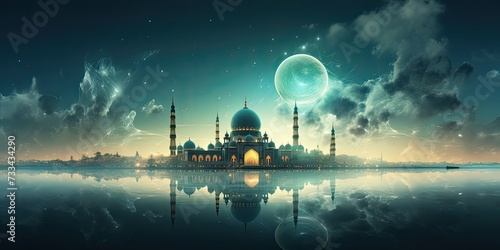 Ramadan Kareem: Experience the Serenity Above with a Generative AI Illustration of a Mosque Floating in the Clouds. 