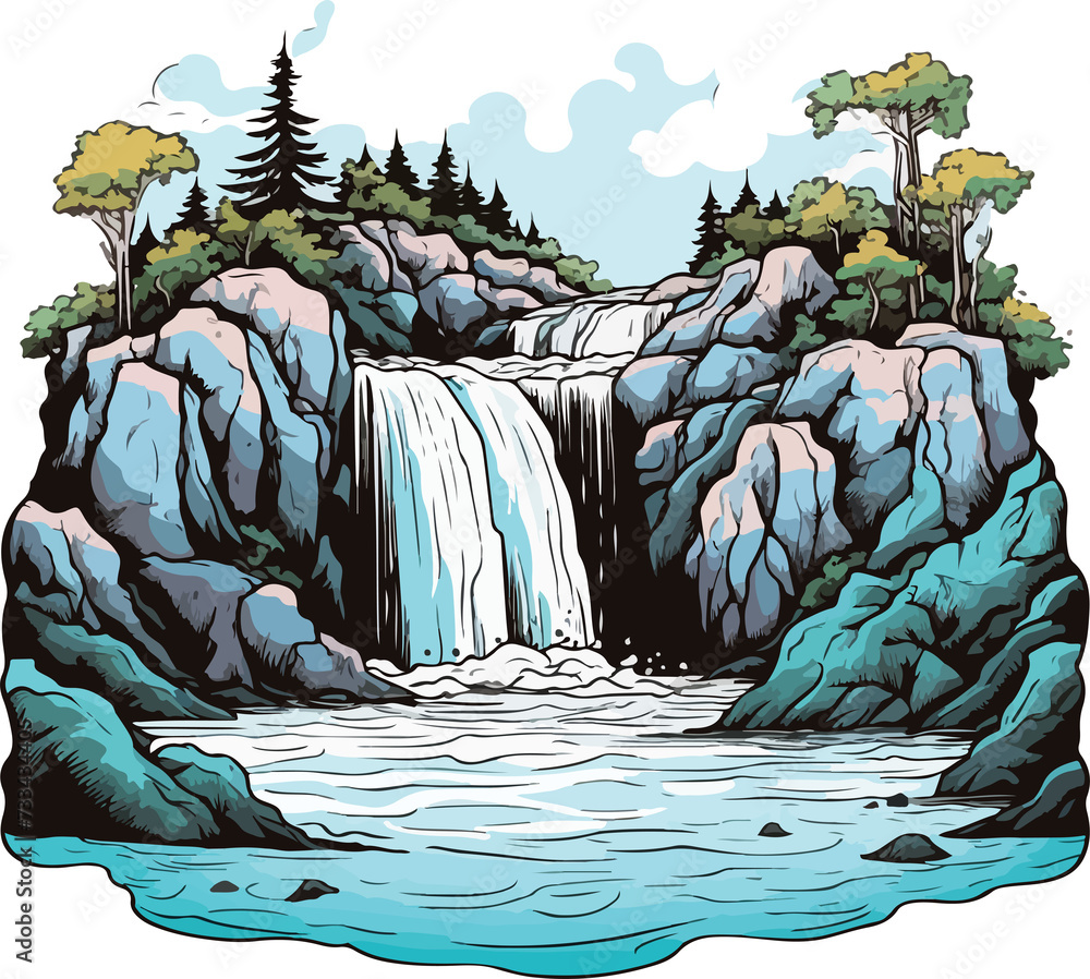 waterfall illustration isolated on transparent background. 