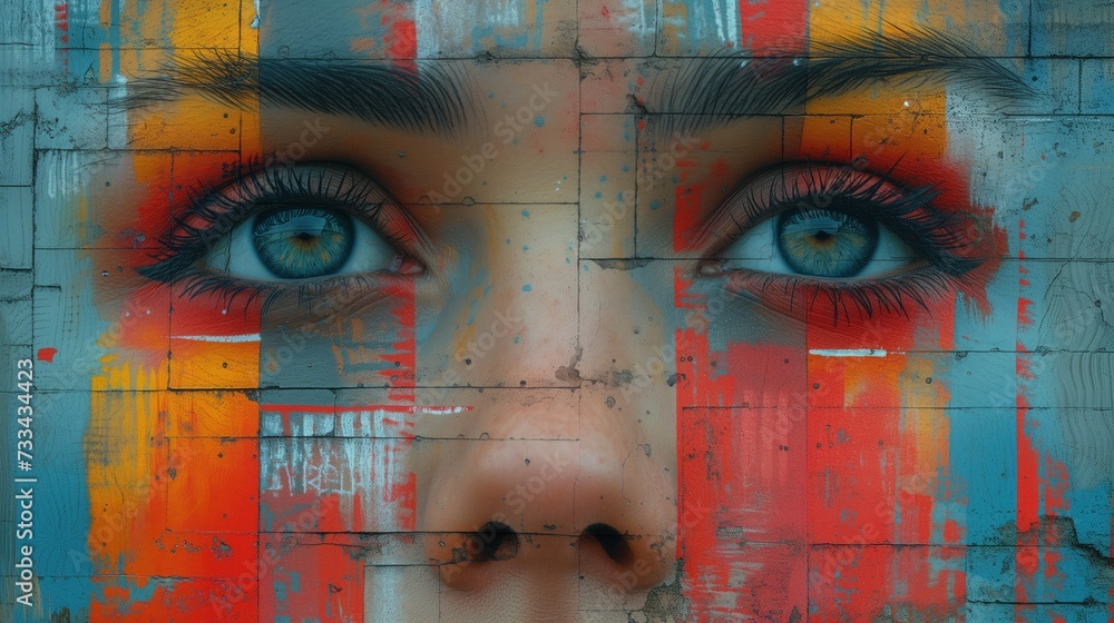 Profesjonalny malunek na murze twarzy kobiety wykonany kolorową farbą  - obrazy, fototapety, plakaty 