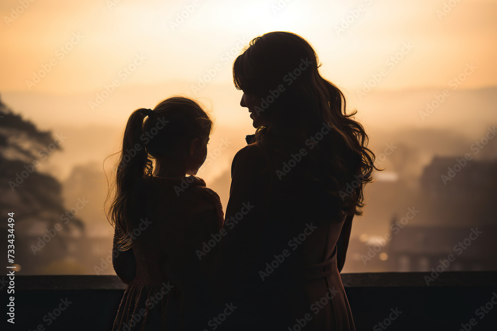 Silhouette of mother and daughter hugging each other in the sunset light. Generated by artificial intelligence