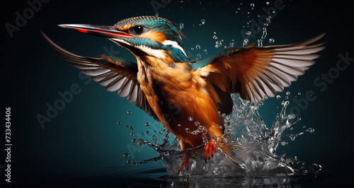 Flying kingfisher on a dark background with splashes of water