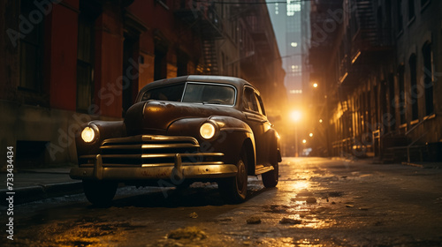 Illustrative concept of a classic car in the middle of the street night time view, Generative AI image.