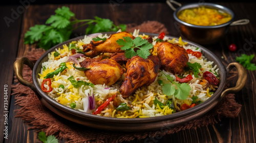 Illustration of Indian dishes, Tandoori chicken and biryani rice , Mughlai dish Generative AI image