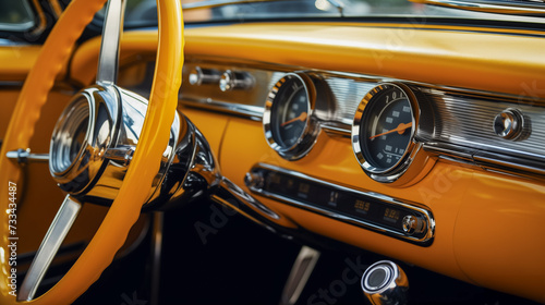 Illustration of Yellow luxury vintage car dashboard with analog dials. Generative AI image. © SNEHIT PHOTO