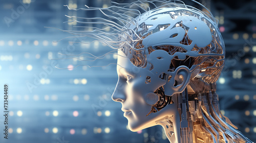 Illustration of neural information transfer from a robot, AI concept, Artificial Intelligence.