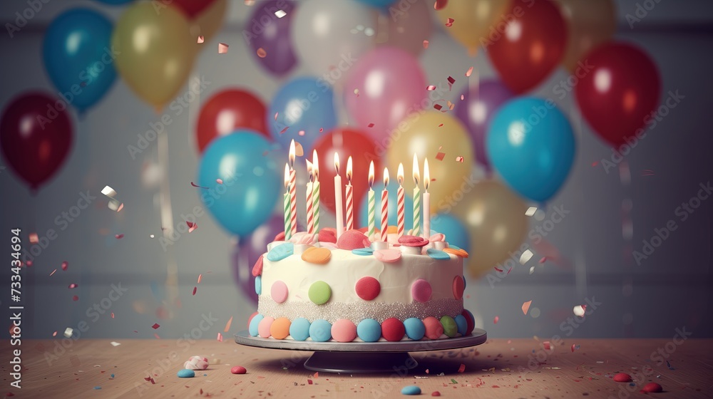 Tort urodzinowy z zapalonymi świeczkami otoczony balonami. Z pustym miejscem na stole. - obrazy, fototapety, plakaty 