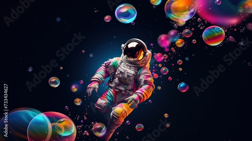 Mężczyzna w skafandrze kosmicznym unoszący się w bańkach mydlanych w nicości photo