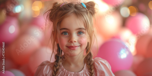 Süßes Mädchen feiert mit vielen Luftballons in Regenbogen Farben zum Geburtstag, ai generativ