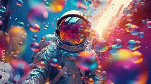 Mężczyzna w kombinezonie kosmicznym otacza go bańki mydlane kolorowe © Artur
