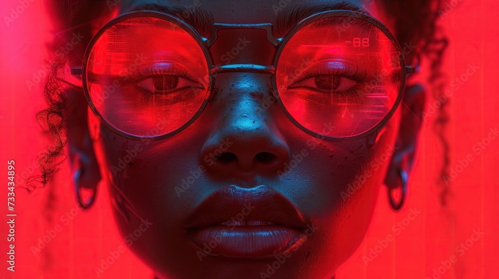Czarnoskóra kobieta z czerwonymi okularami na namiętnym tle. - obrazy, fototapety, plakaty 