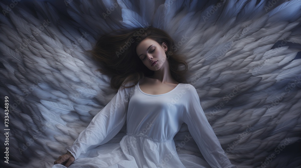 Kobieta w białej sukni leży na miękkich skrzydłach anioła - obrazy, fototapety, plakaty 