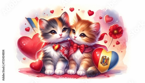 A delightful watercolor concept illustration for Valentine's Day, showcasing a cute couple of kittens with a Romanian theme 03 photo