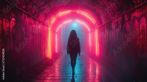 Kobieta przechodzi przez tunel, gdzie świecą neonowe światła.