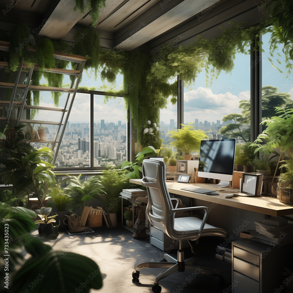 Fototapeta premium Ecological solutions for offices and business spaces.Photo of an work office with desk and chair, work computer and big windows with great city view , room is full of plants and vegetation
