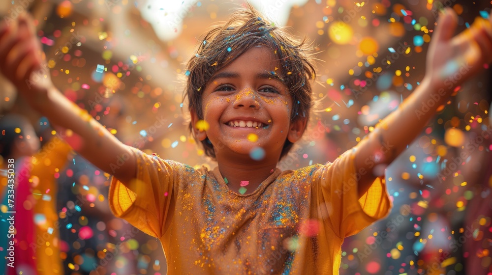 Mały chłopiec stojący przed kolorowym konfetti w hinduskie święto holi - obrazy, fototapety, plakaty 