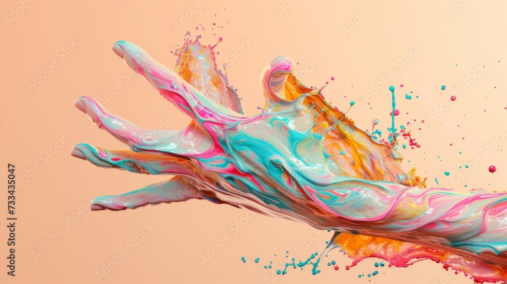 Human hand in pastel colors paint splashes on beige background. Splashes of colored liquid around a hand