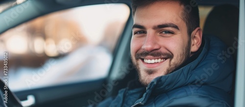 Unshaven Male Courier Sitting in Car, Smiling - A featuring an Unshaven Male Courier Sitting Comfy in his Car, Flashing a Warm Smile