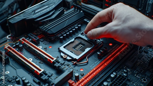 The technician carefully places the CPU onto the socket of the computer motherboard, ensuring a secure and proper connection