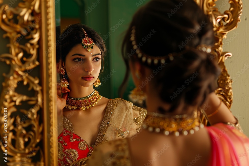 Modern Indian Charm: Young Woman Adorning Handmade Jewelry generative ai