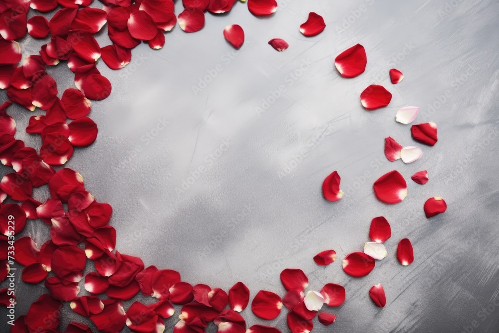 Red rose petals scattered on light background, copy space. flat lay. Space for text. Valentine's day, Mother's day, Women's Day, Wedding, love concept Red rose petals scattered on light background, copy space. flat lay. Space for text. Valentine's day, Mother's day, Women's Day, Wedding, love concept