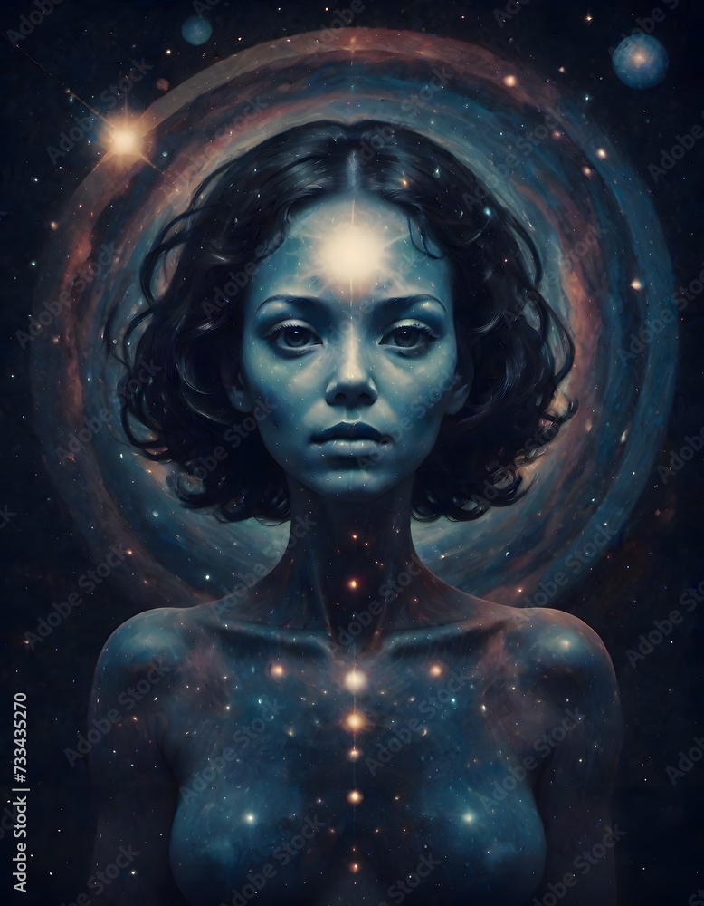 Ethereal Woman with Cosmic Elements in Her Hair and Eyes, Generative AI
