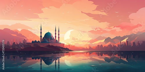 illustration of a mosque with gradient colors showcases the elegant architectural features of the sacred place of worship. The gradient adds depth and dimension to the domes, minarets, 