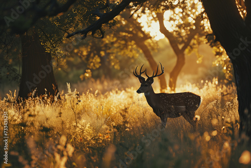 Protecting wildlife habitats and migration corridors portraying wild male Red Deer Stag during deer rut at sunset in beautiful golden orange sunlight in fern and forest landscape 