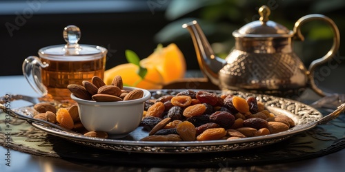 Indulge in Ramadan Delights: Mix of Dates, Prunes, Dried Apricots, Raisins, and Nuts, Paired Perfectly with Traditional Arabic Tea