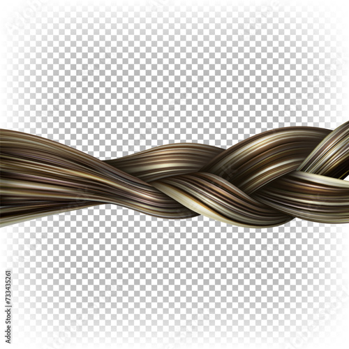 Hair braid. Vector 3D realistic clipart, background, advertising element. Dyed highlighted long women's hair braided into a hairstyle.