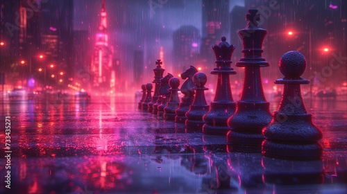 Pionki szachowe na mokrej ulicy nowoczesnego miasta. Koncept rozgrywki politycznej