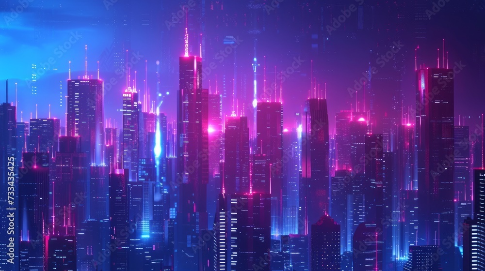 The vector illustration showcases urban architecture with a cityscape featuring space and neon light effects. It embodies modern hi-tech, science, and futuristic technology concepts