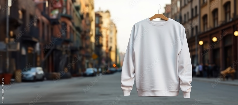 White mockup sweatshirt lay on hanger on city street