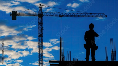 Sylwetka robotnika stoi na placu budowy przed dźwigiem na tle chmur.