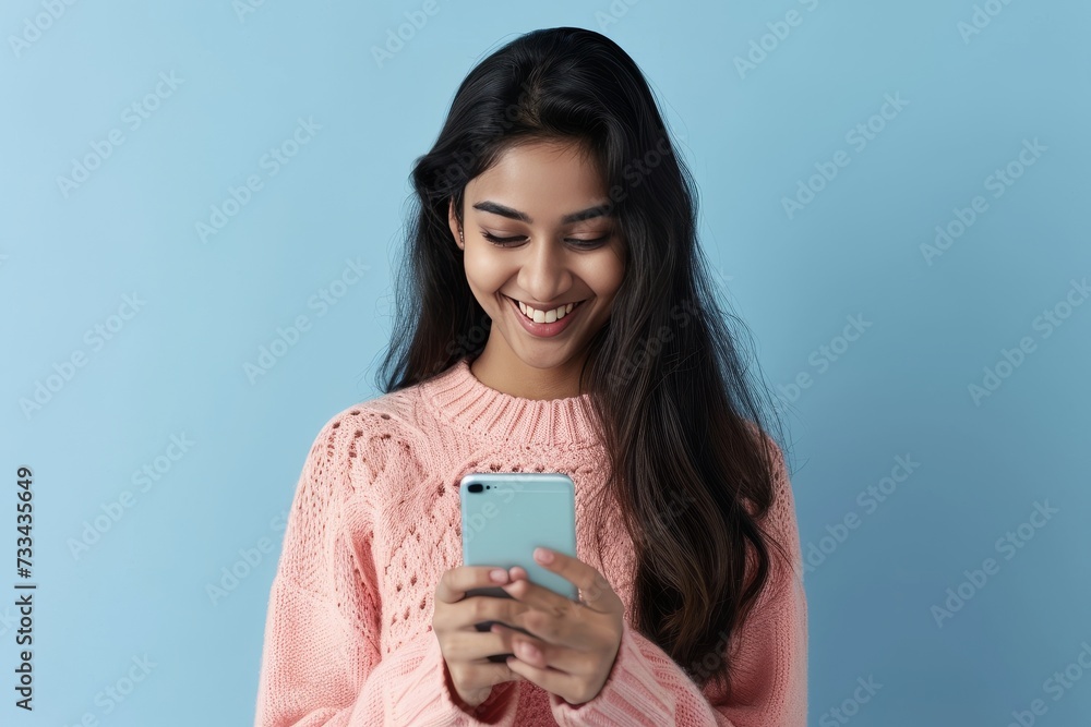 Digital Retail Delight: Indian Woman Engaged in E-Commerce on Mobile Device generative ai Digital Retail Delight: Indian Woman Engaged in E-Commerce on Mobile Device generative ai