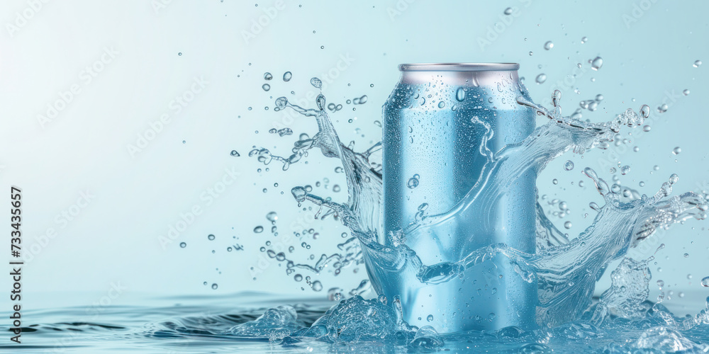 Clean blue aluminum soda mock-up can in splash of water. Clean blue aluminum soda mock-up can in splash of water.