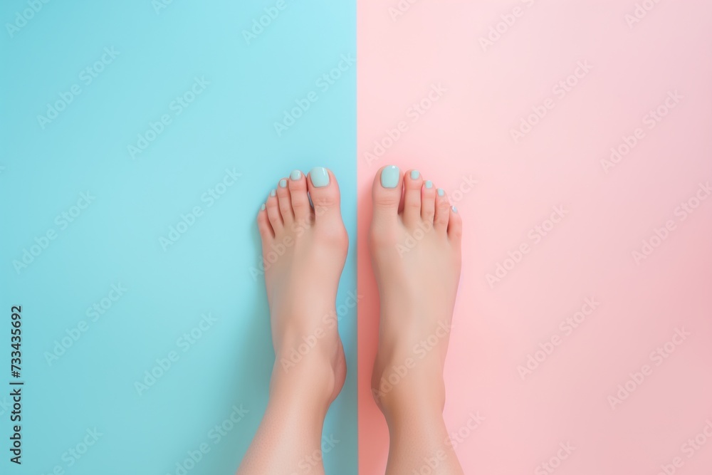 Top view of womans feet with perfect pedicure and blue nails over pink and blue background
