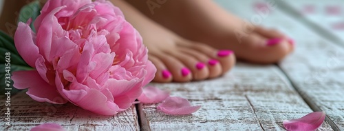 Womans feet with perfect pedicure and pink nails over white wooden background with peony flowers