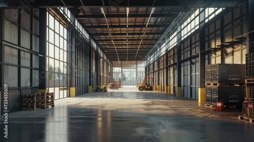 The warehouse interior is spacious, with high ceilings and rows of shelves stretching into the distance