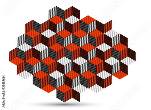 Isometric 3D cubes vector abstract geometric background, red abstraction art architecture city buildings theme, cubic shapes and forms composition lowpoly style.