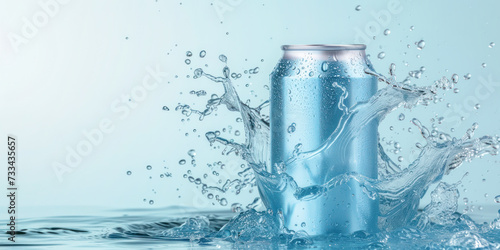 Clean blue aluminum soda mock-up can in splash of water.