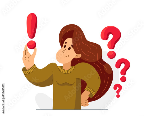 Young woman having a doubt and question, vector illustration of a person who is hesitating and thinking about some problem, decide uncertainty.